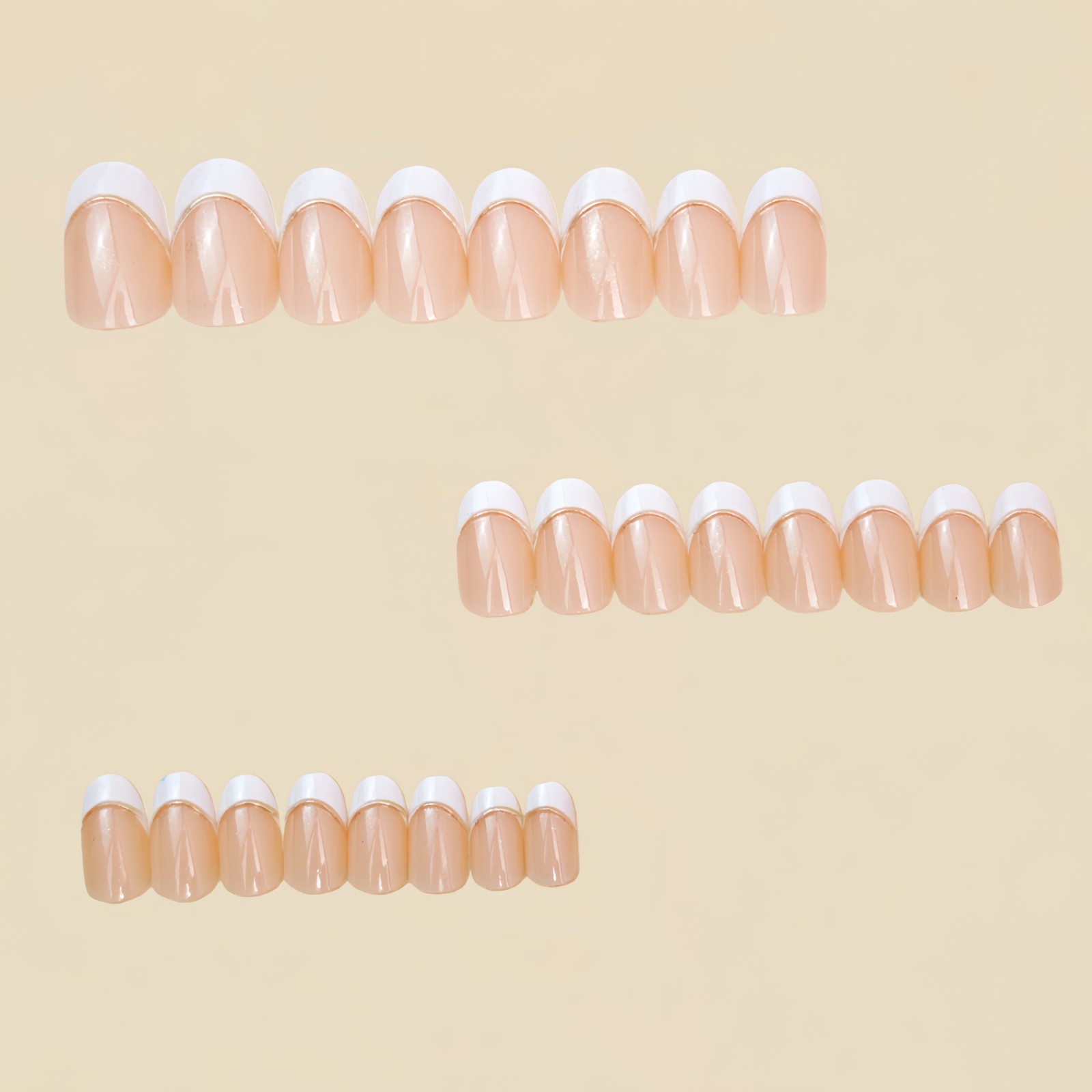 48Pcs Nude White French Press on Nails Gold Line Elegant Glossy Fake Nails