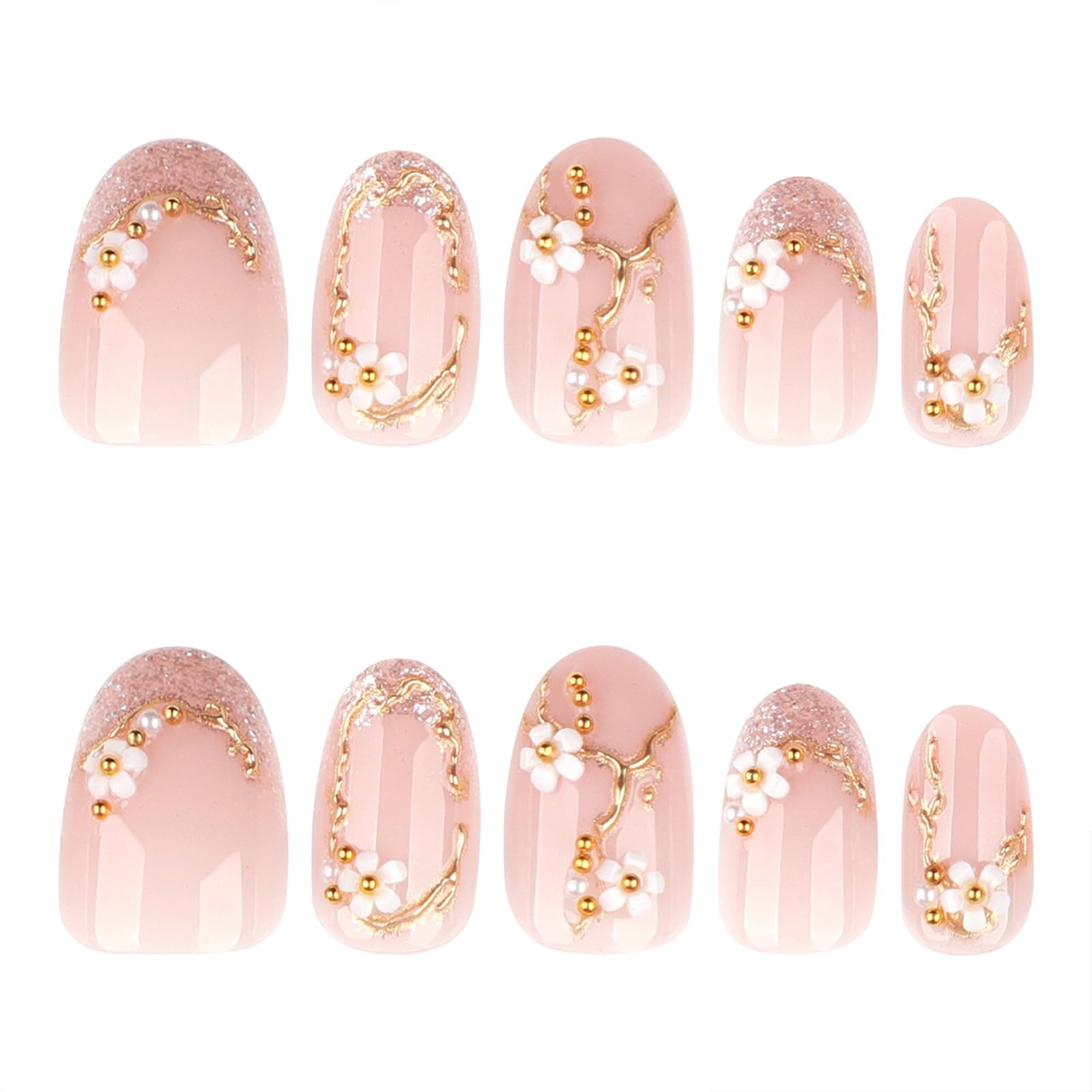 Jremg Glitter French Tip Press on Nails Short Round Fake Nails with Gold Bead…