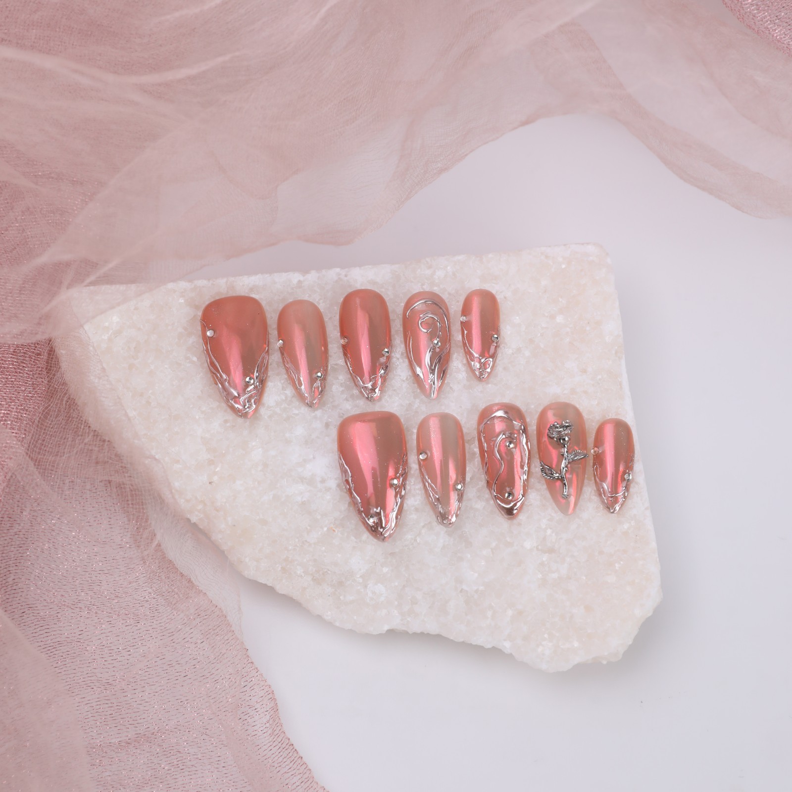 Handmade Chrome Pink Press On Nails Medium Almond 3D Metal Rose Y2K Punk Glam