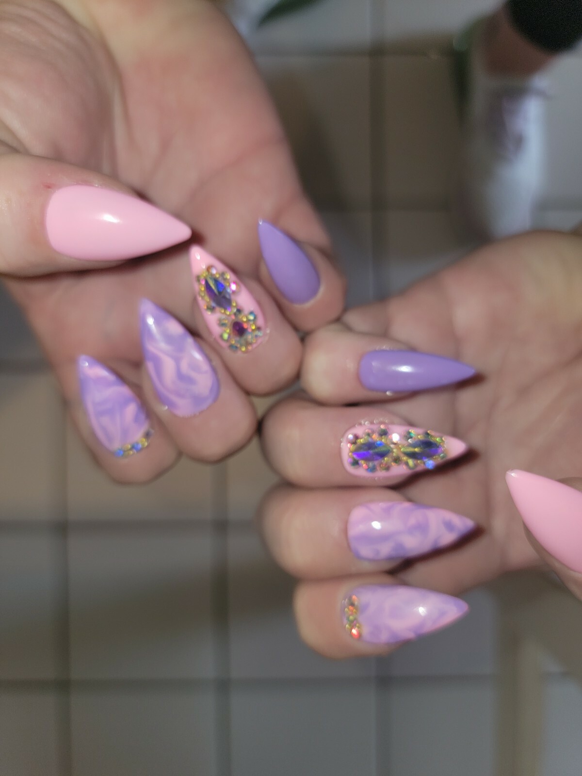 Pink & purple marble bling press on nails stiletto watercolor spring pastel nail