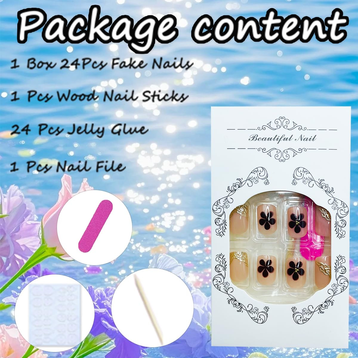 24Pcs Chrome Gold French Tip Press on Nails Short Square ABS Material False Nail