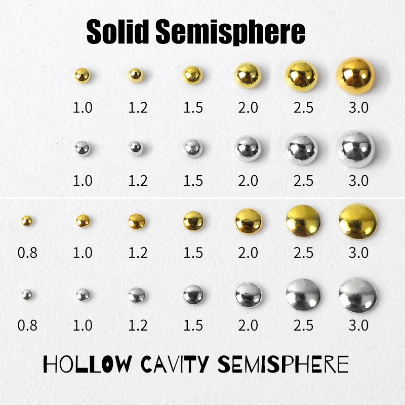 500PCS 0.8-3mm Gold Silver Solid Hollow Cavity Semisphere Rivets Metal Nail Art