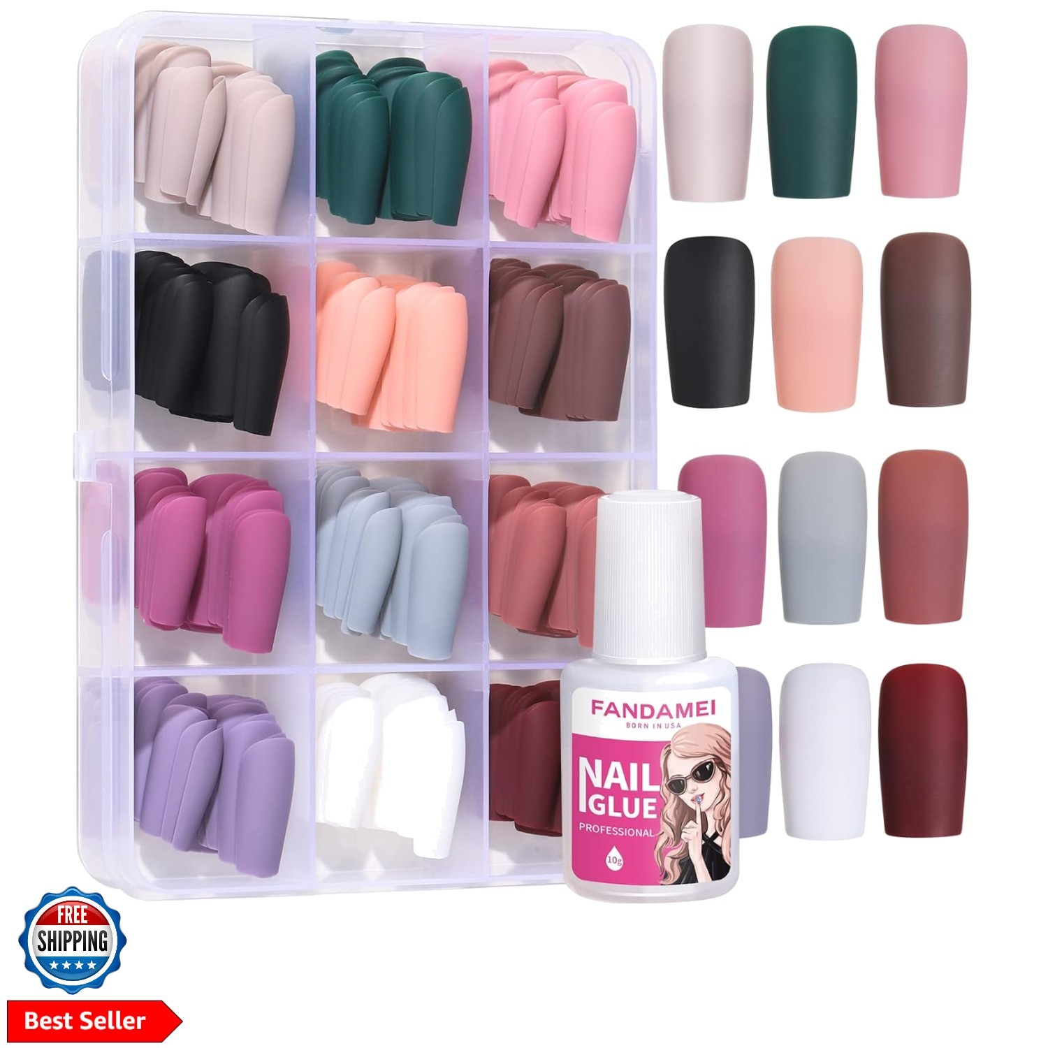 Press on Nails Medium Square, 12 Packs 288PCS Acrylic Matte Square Fake Nails…