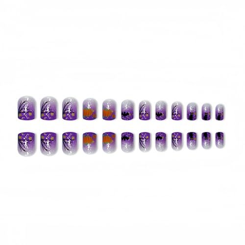 24Pcs Halloween Nails Cute Cat Bat Pumpkin Press on Nails Short halloween tree