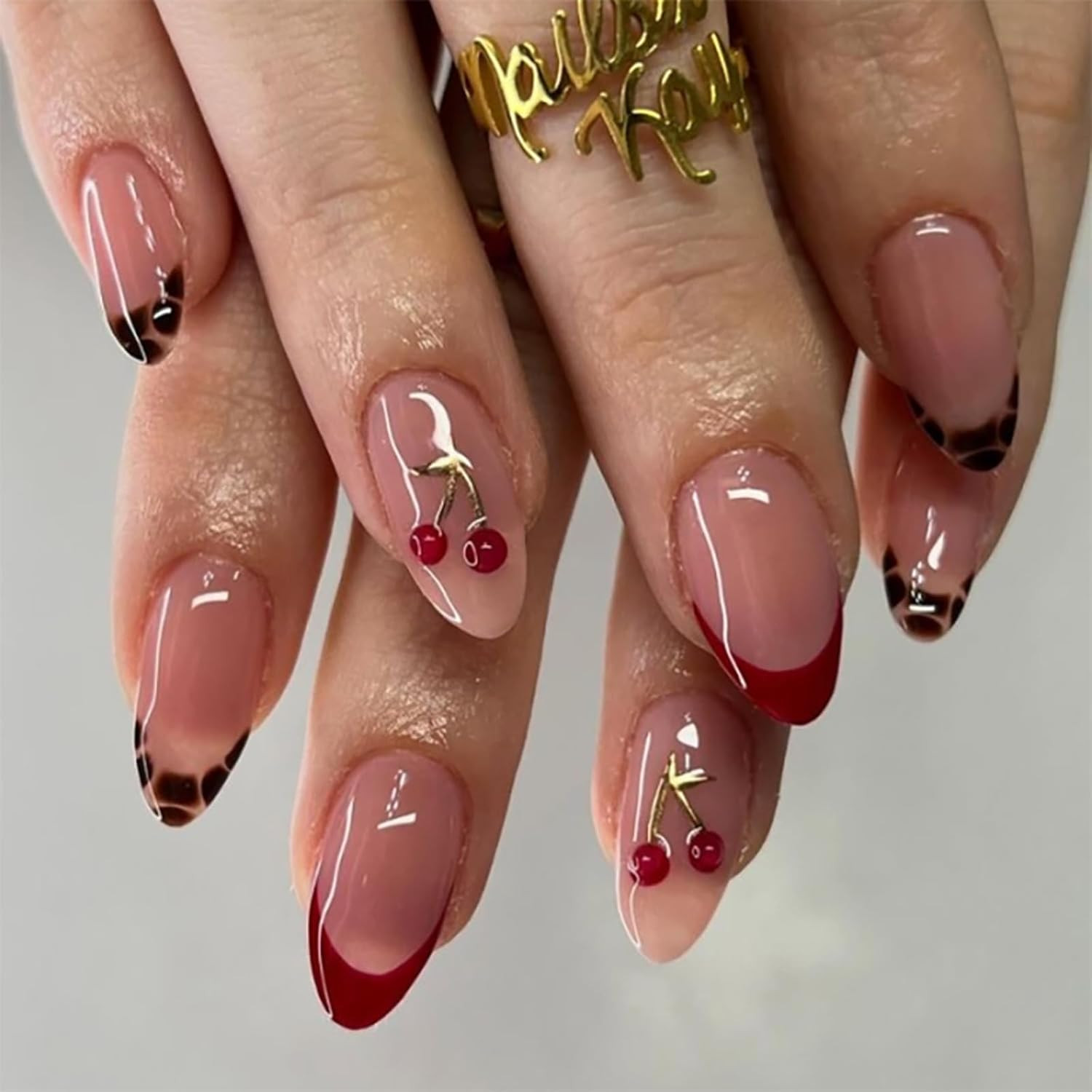 Medium Almond Press-On Nails – 3D Cherry, Gold Branch & Leopard Design, 24PCS