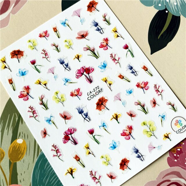 Nail art 3D stickers decal red tulips yellow blue pink flowers CA272