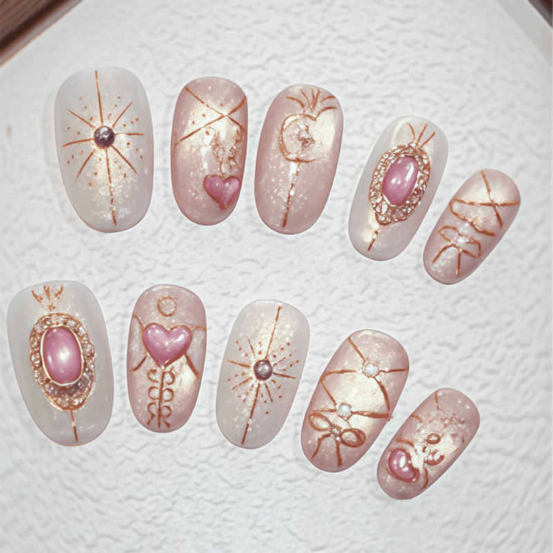 48pcs Short Oval Press on Nails, Nude Pink Rose Gold Heart Gem Elegant Nails