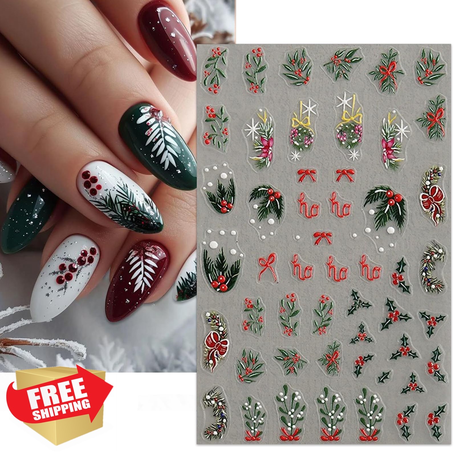 IDDFEVE Christmas Nail Stickers Holly Leaf Berries 4 Sheets