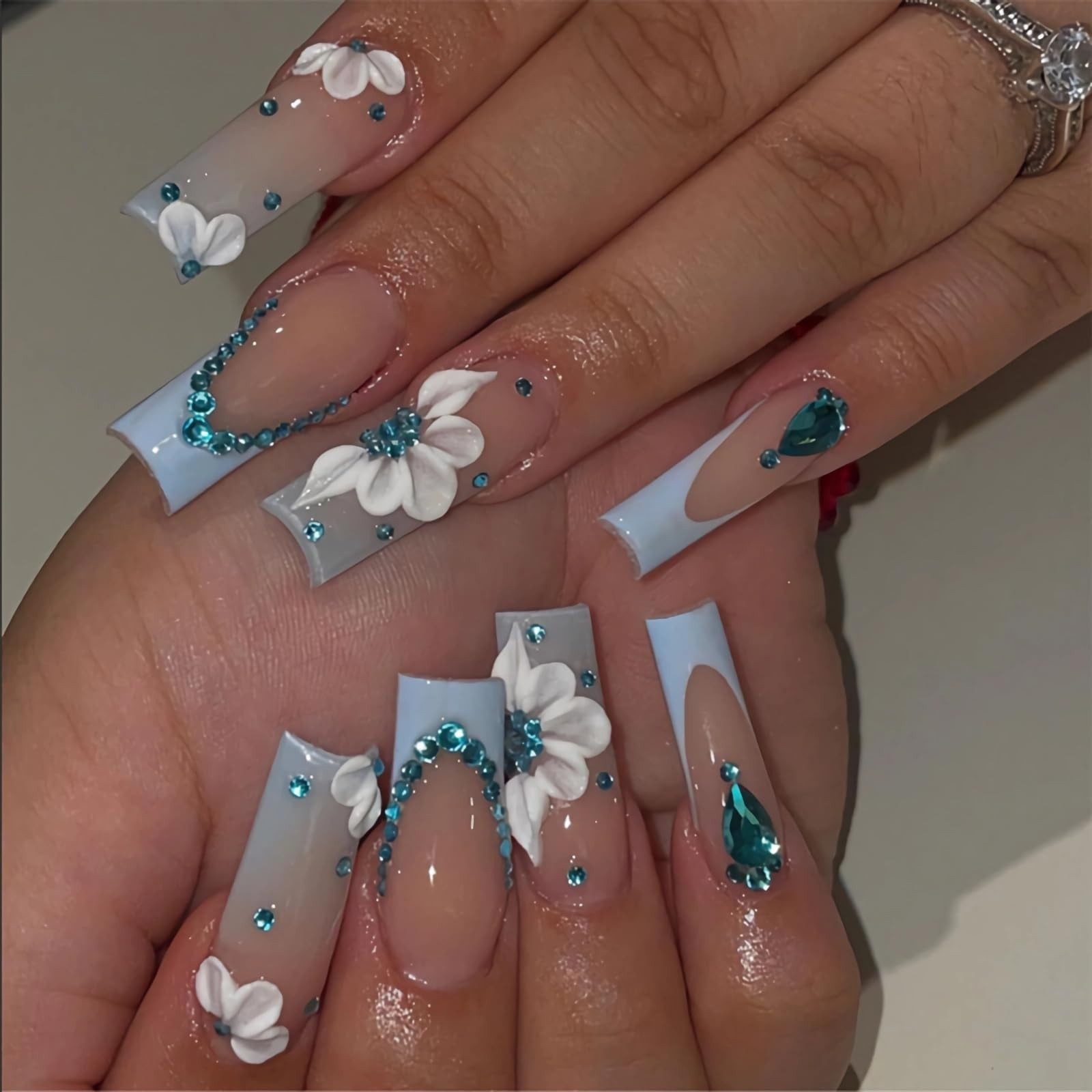 Light Blue French Tip Press On Nails with 3D Flower & Teal Rhinestones