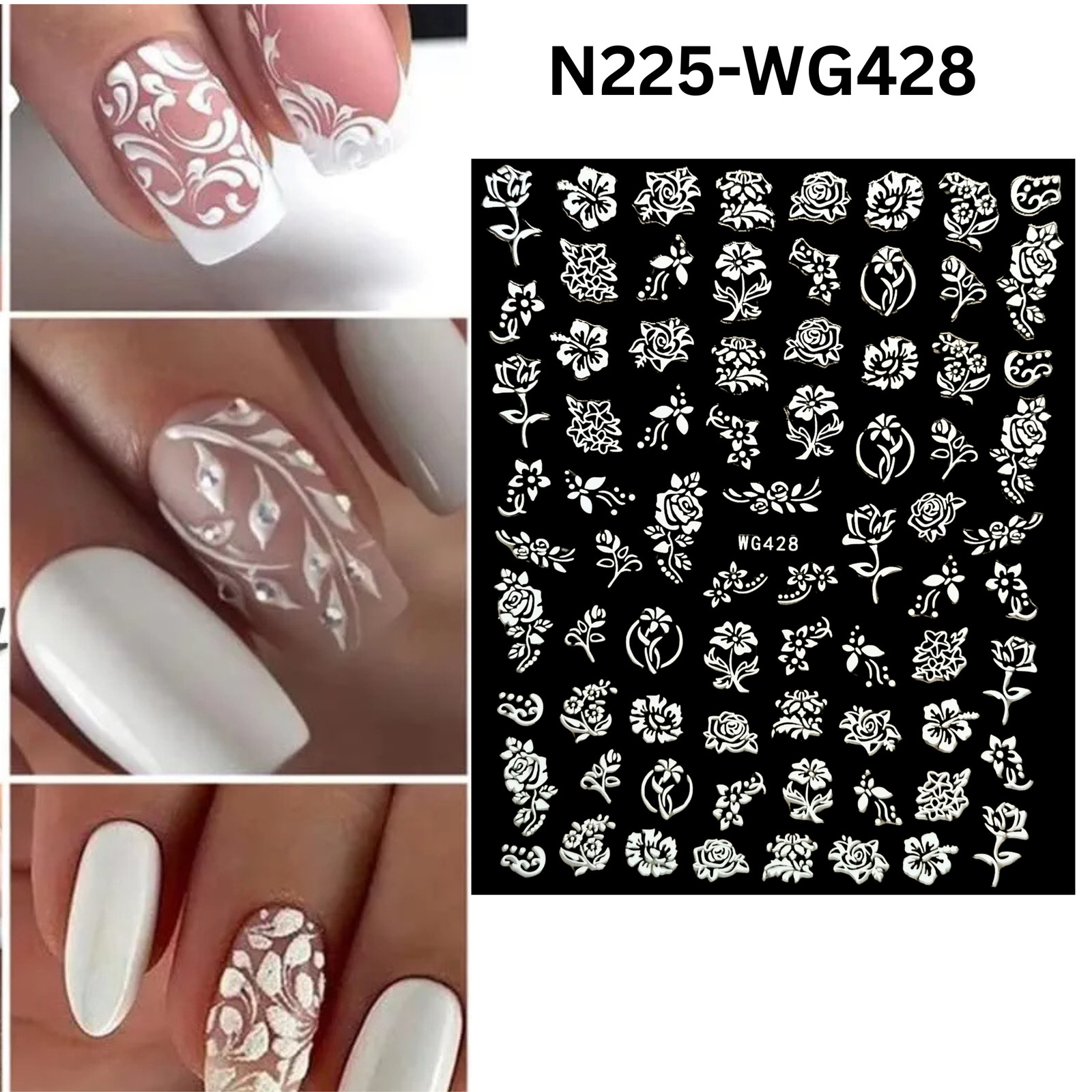 3D White Flower Nail Art Stickers – Embossed Floral Rose Decals – Self-Adhesive