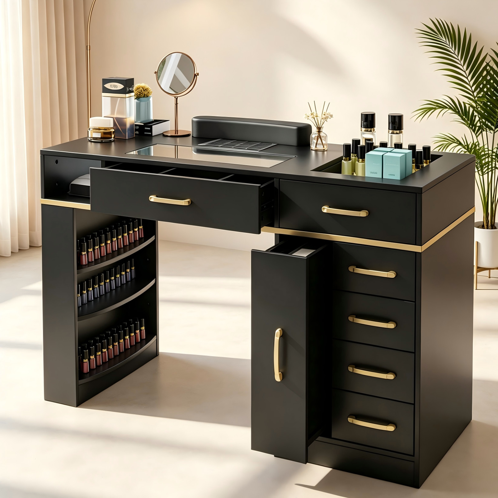 OROFULL Manicure Table, Professional Nail Desk with Storage Drawers, Black