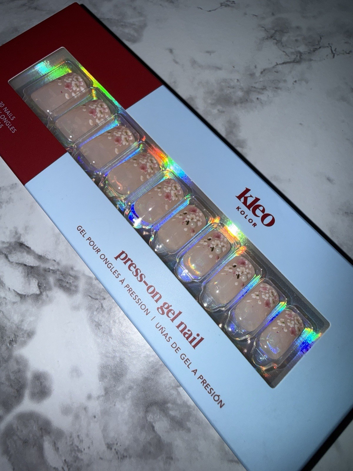 New Kleo Kolor Press-On Gel Nails – Long Square Floral Fields Flowers Pearls