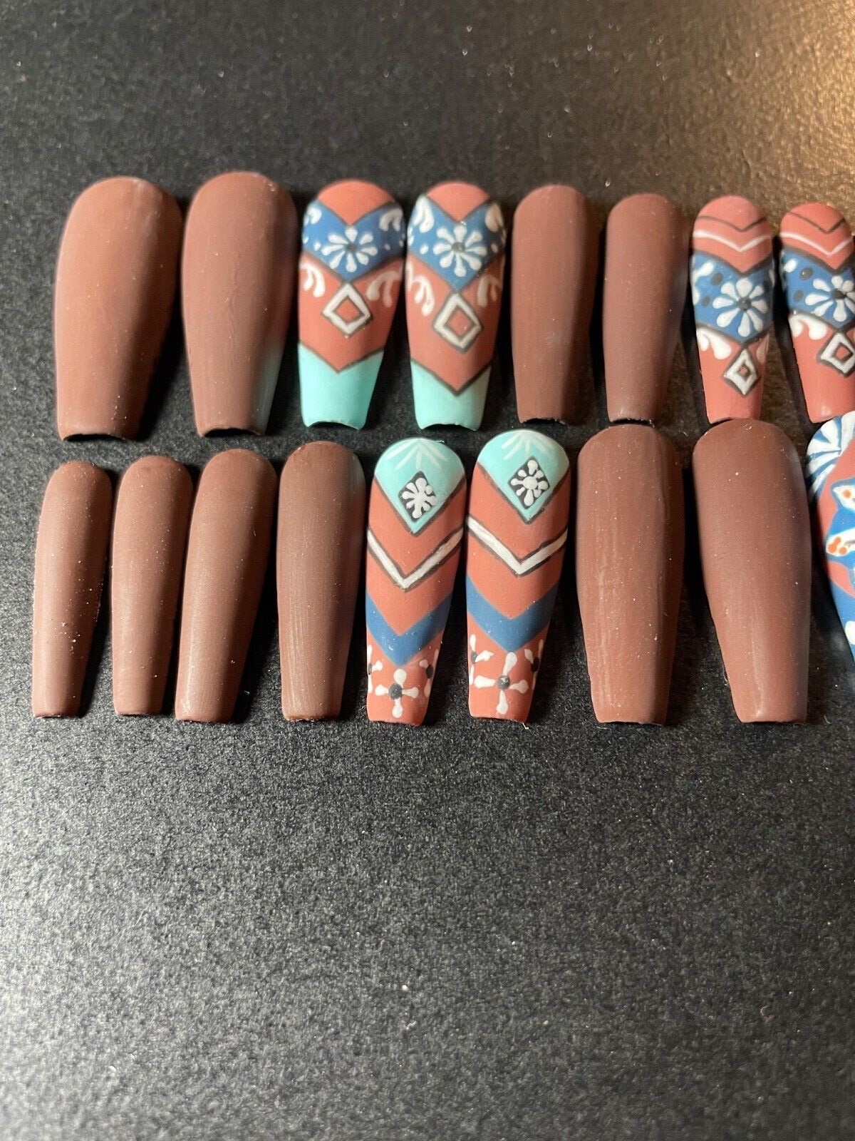 Custom press on nails long 24 matte abstract tribal native brown teal blue white