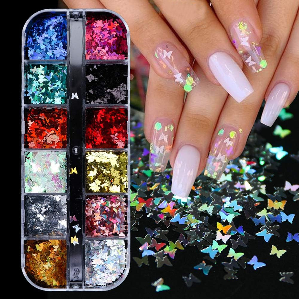 12 Colors Butterfly Glitter Nail Sequins – 3D Nail Art Flakes Colorful Confetti