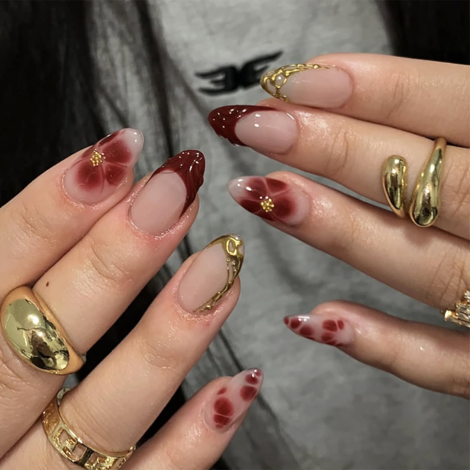 French Tip Press On Nails Short Almond Red 24 Pieces with 3D Gold Bead Designs