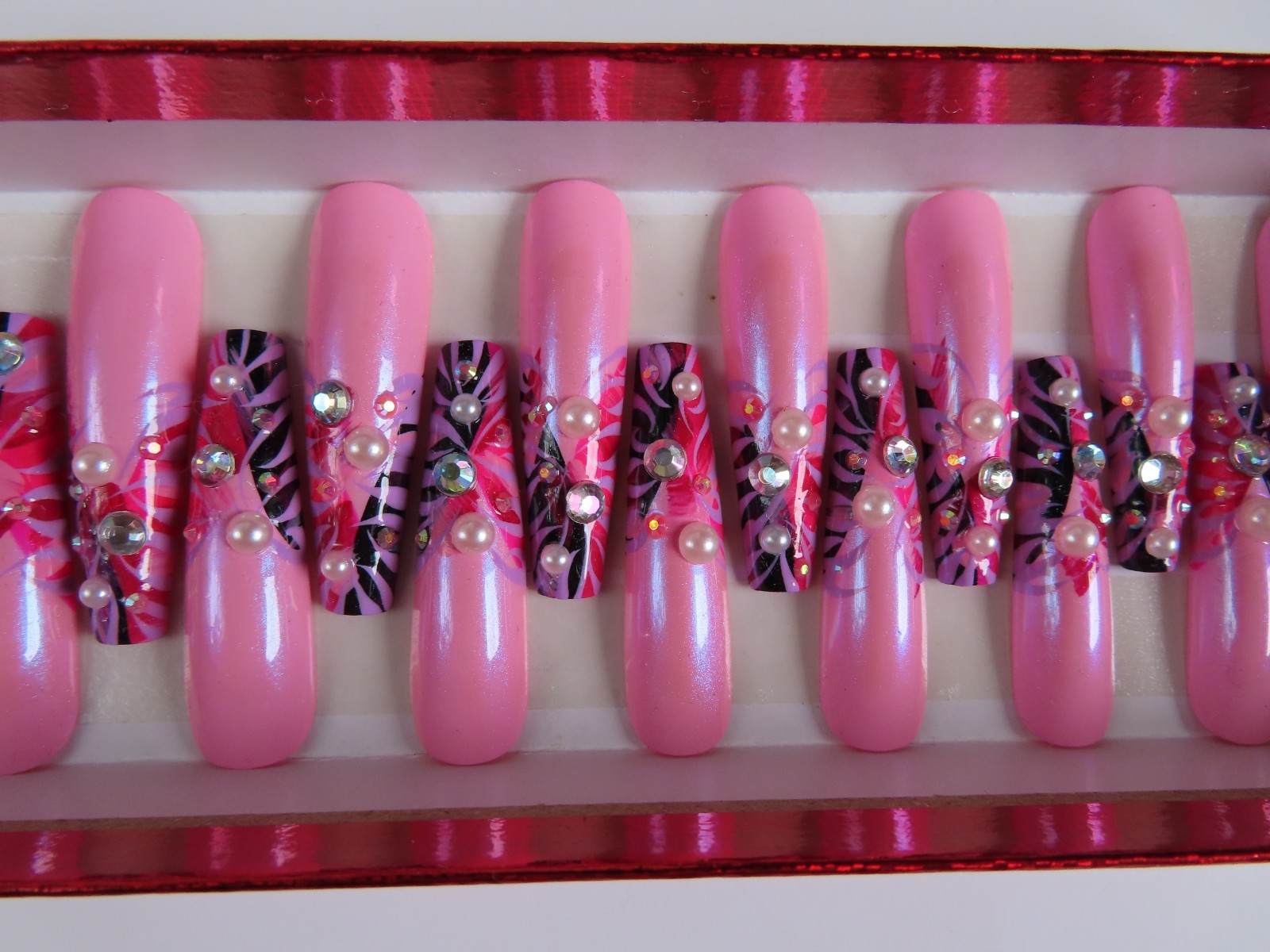 XL Pink Red Purple Black Rhinestone Pearl Abstract Tip Coffin Press On Nails