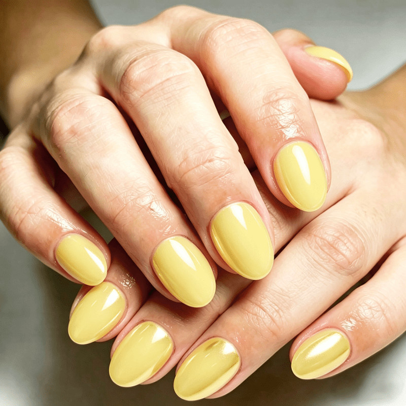 48pcs Short Oval Press on Nails, Cream Yellow Solid Cat Eye Casual Gloss Nails