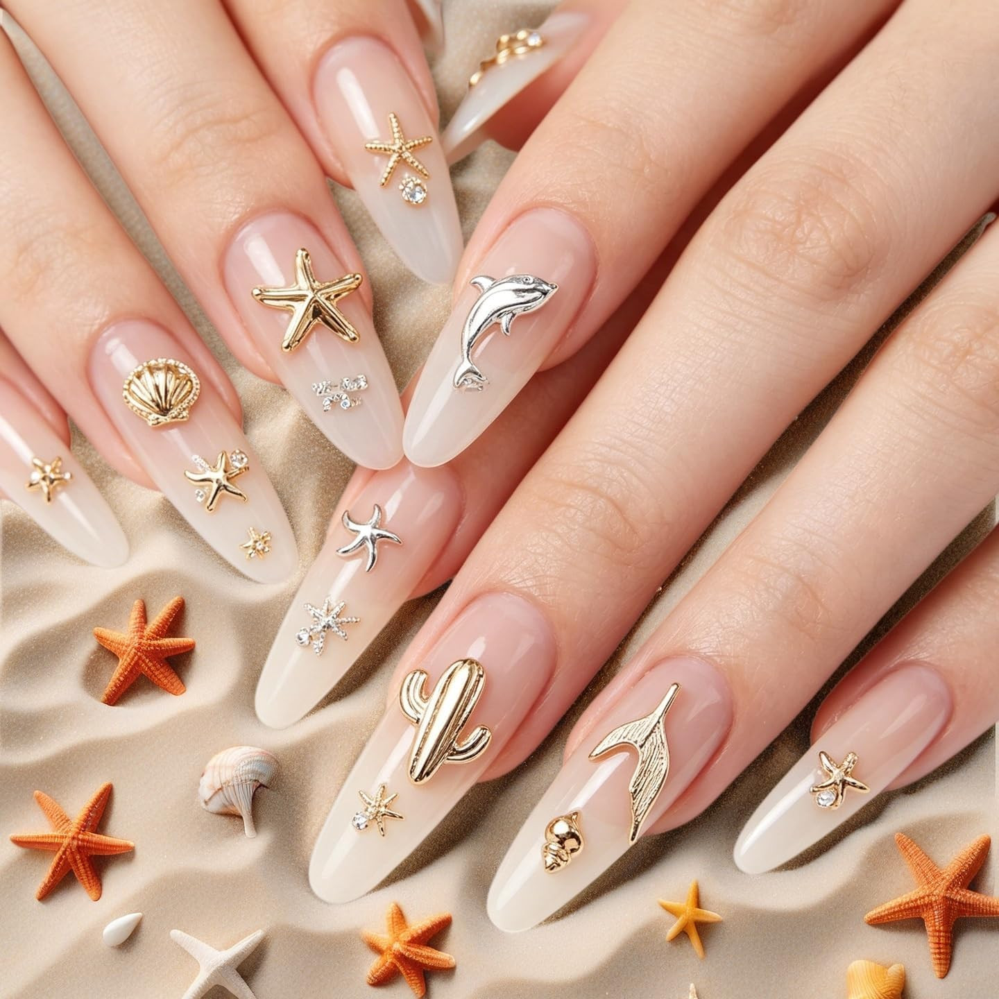 80Pcs Summer Beach Nail Charms Summer Ocean Nail Rhinestones Metal Small Starfis