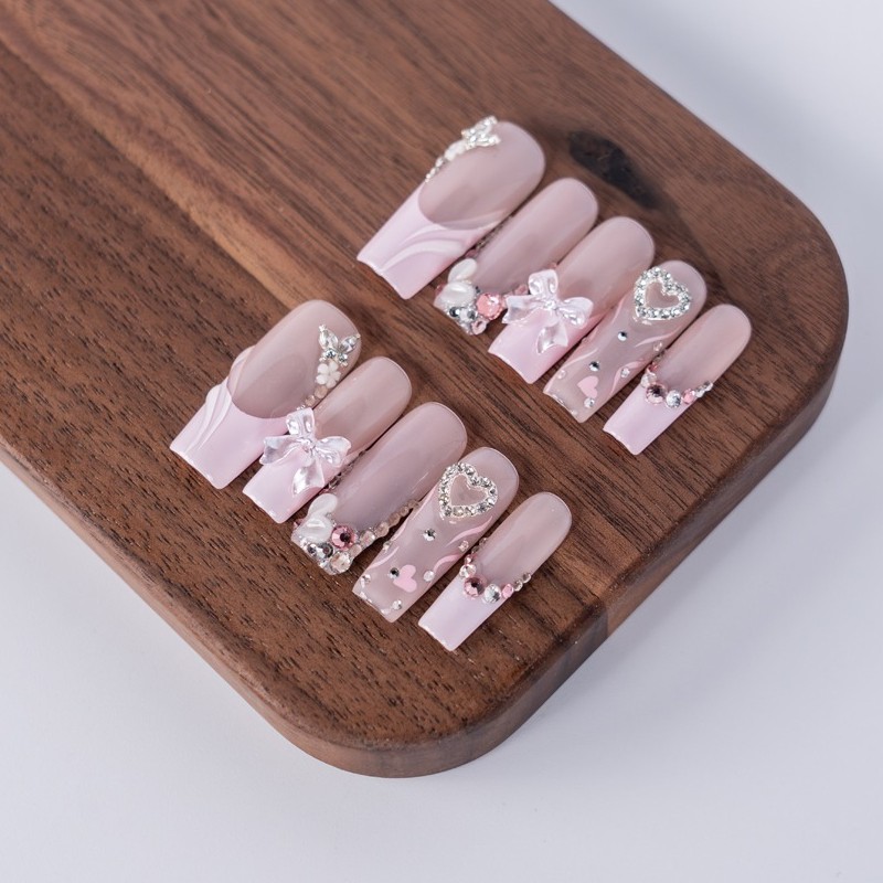 10pcs Pink French Nails 3D Bow Heart Beads Sweet Wedding Vacation