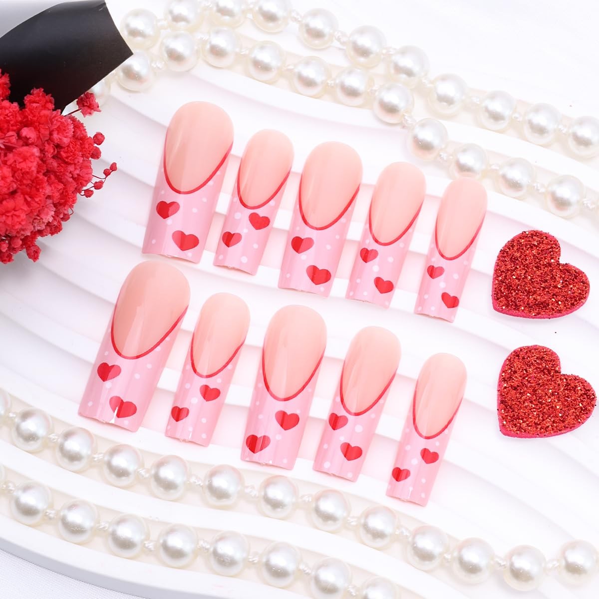 24Pcs Red Heart Press on Nails Long Square Fake Nails French Tip Glue on Nail…