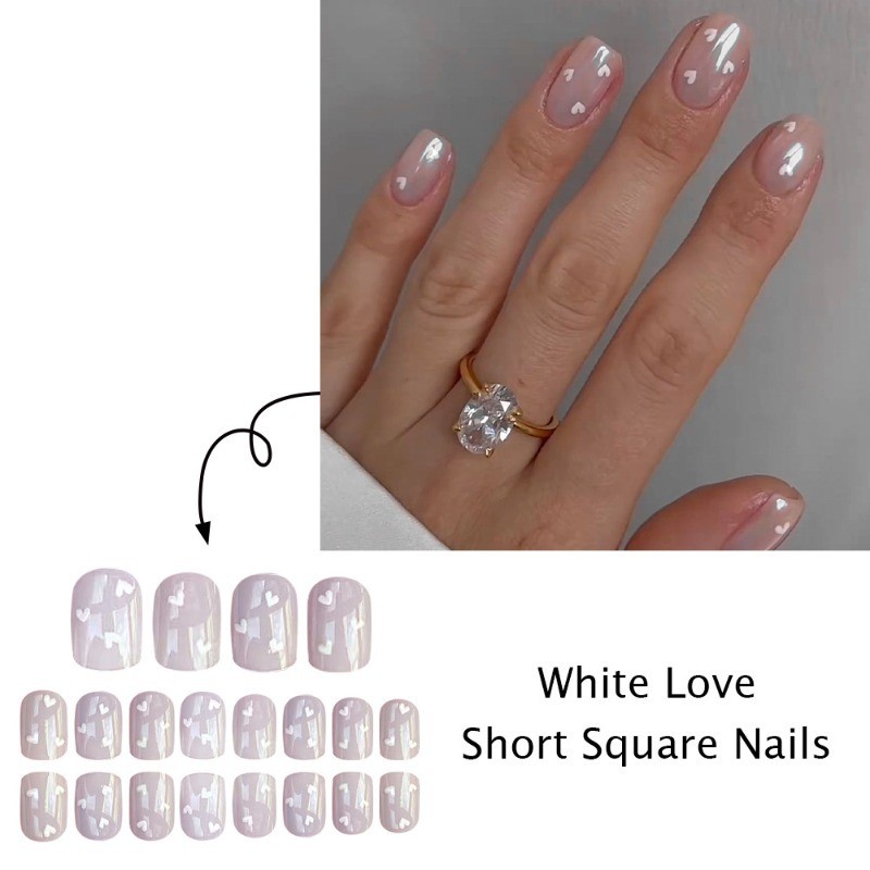 48 Pieces of Short Square Nail, Bare and Transparent Heart-shaped Nail Art
