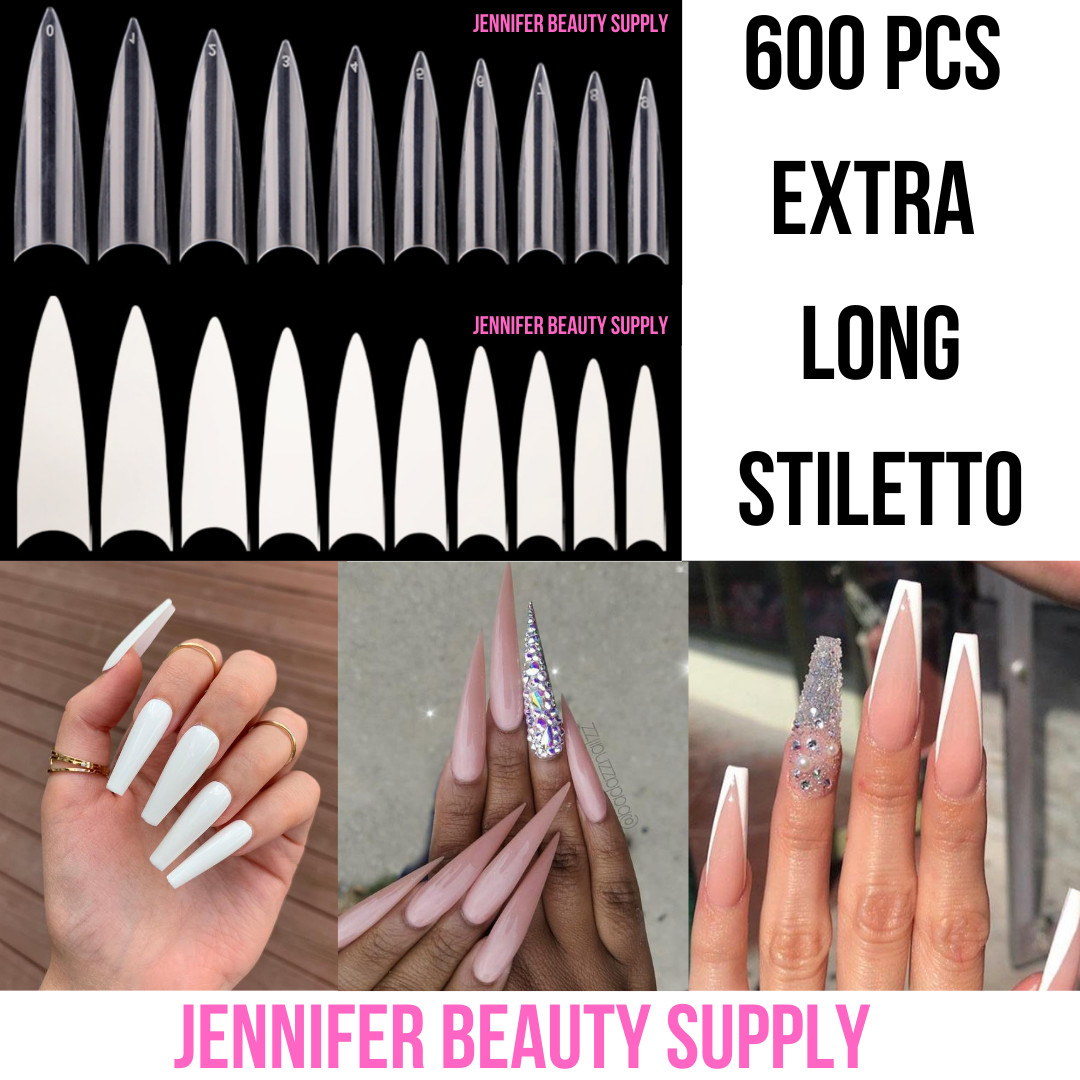 600 PCS EXTRA LONG STILETTO NAIL TIPS HALF FALSE FAKE ACRYLIC NAIL NATURAL CLEAR