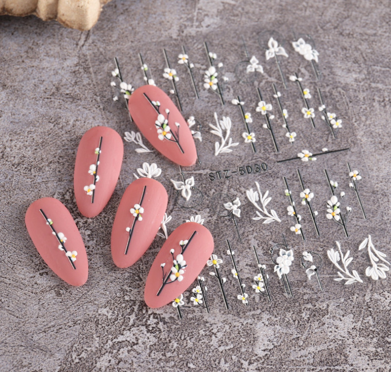 5D Embossed White Daisy Tulip Butterfly Camellia Flower Nail Art Stickers DIY