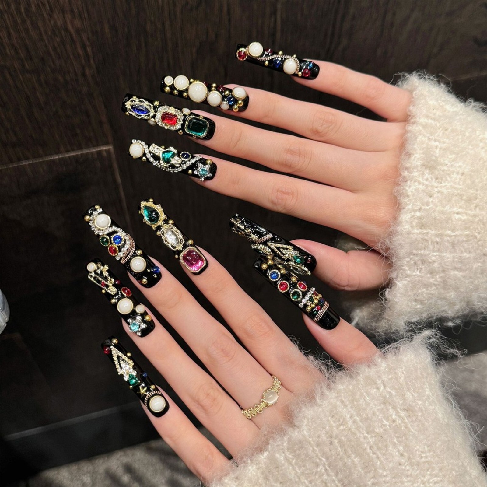 10PC Handmade 3D Nail Rhinestone Multicolor False Nail Long Square Press On Nail