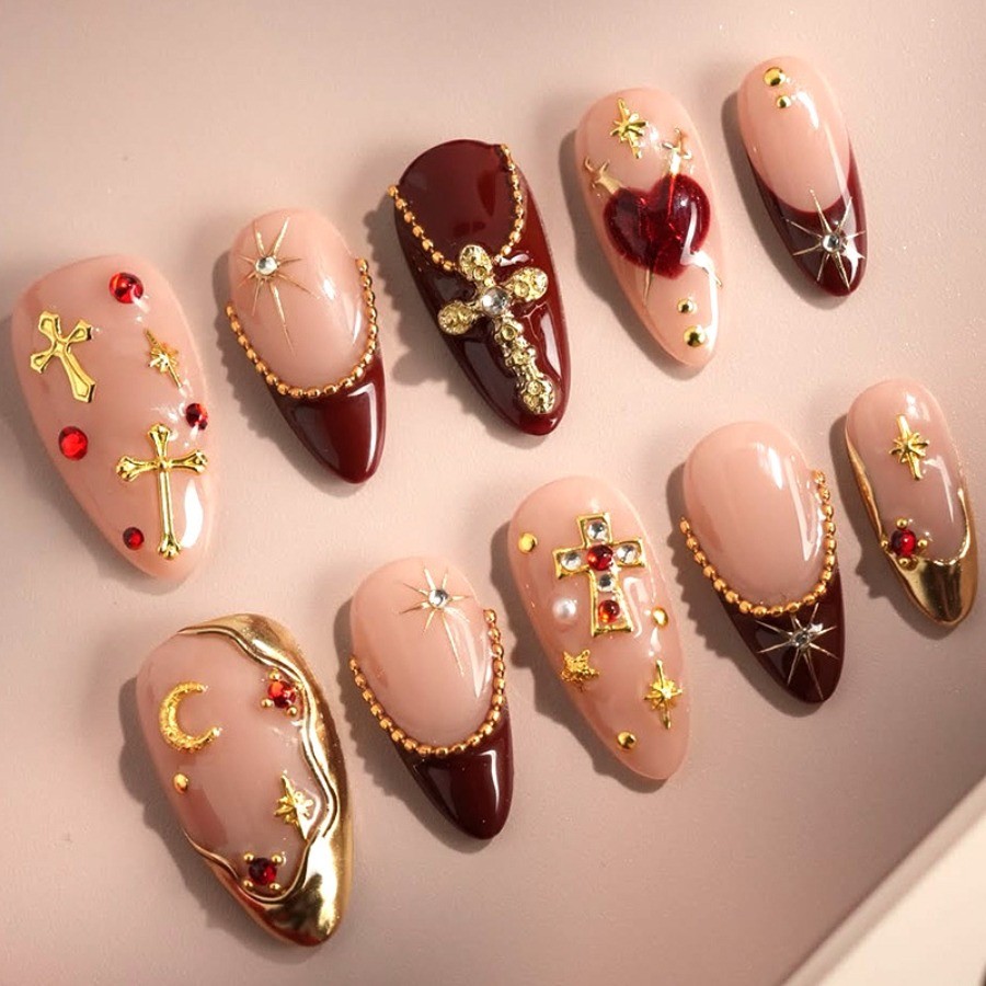 60pcs-Press on Nails Peach Red Almond Cross Moon Star Rhinestone Gold Details