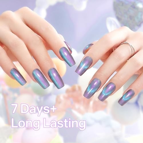 Cat Eye Nail Polish Non Gel, Quick Dry Blue Glitter Cateye Purple Aurora