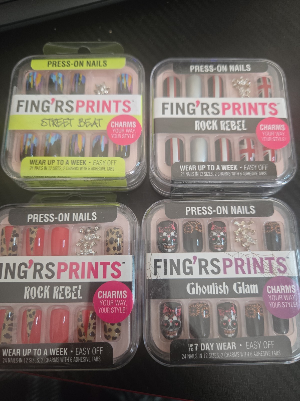 FING’RS PRINTS PRE-GLUED NAILS, Rock Rebel, 4-Pack. (24 COUNT Per-PACK) (G3)