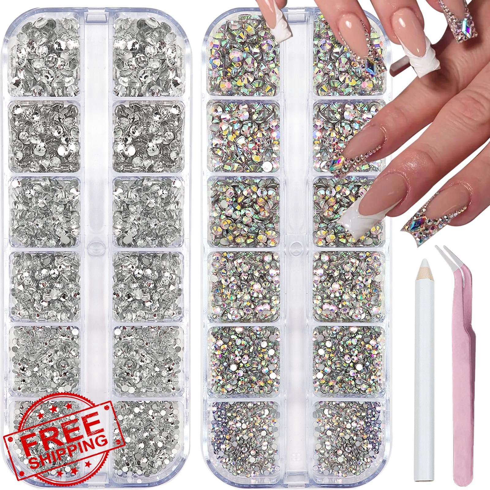 SEMATA Mixed Size Rhinestones Flatback Nail Charms AB Gems
