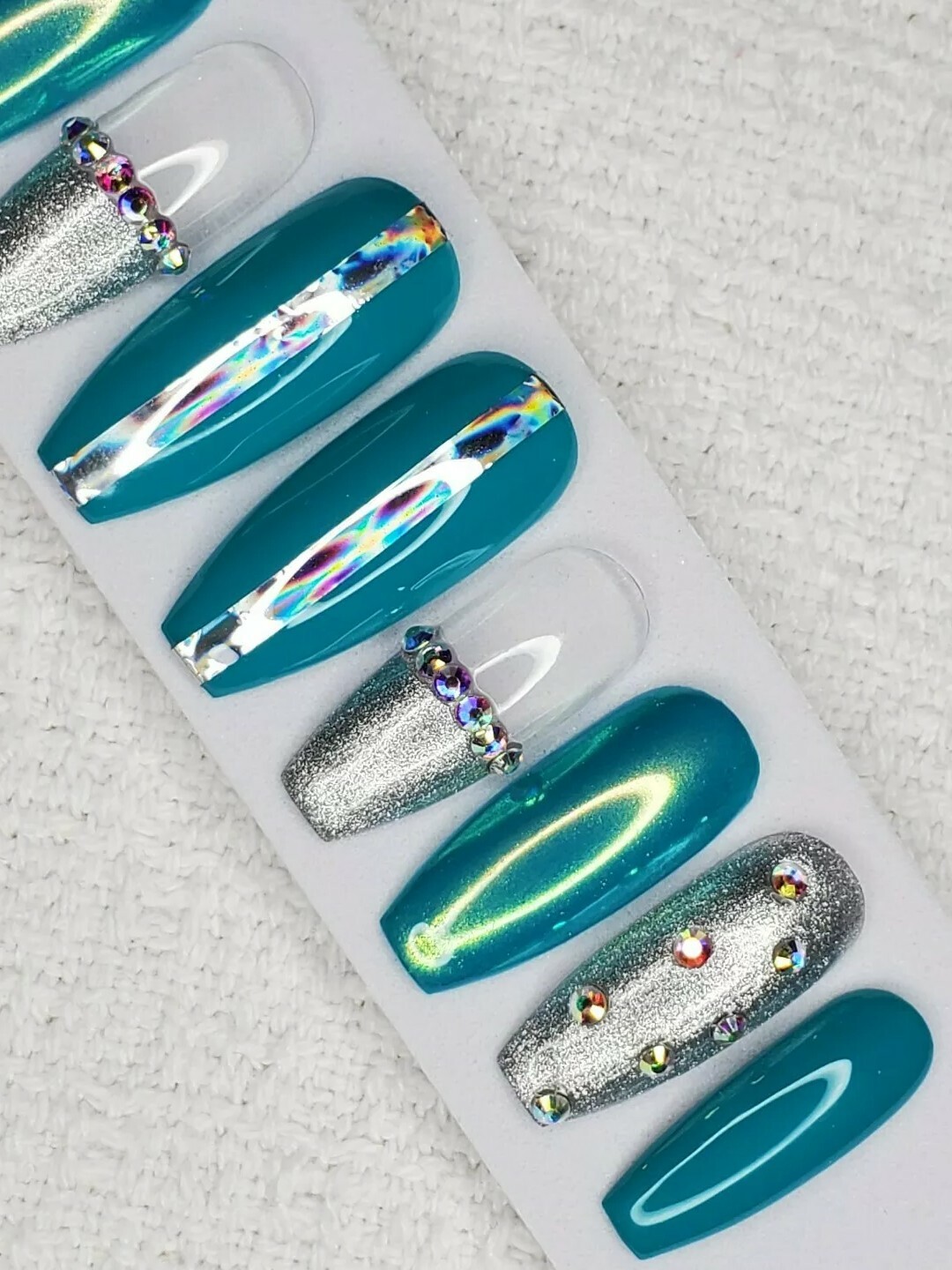 Teal & silver bling chrome holographic Press On nails long coffin turquoise blue