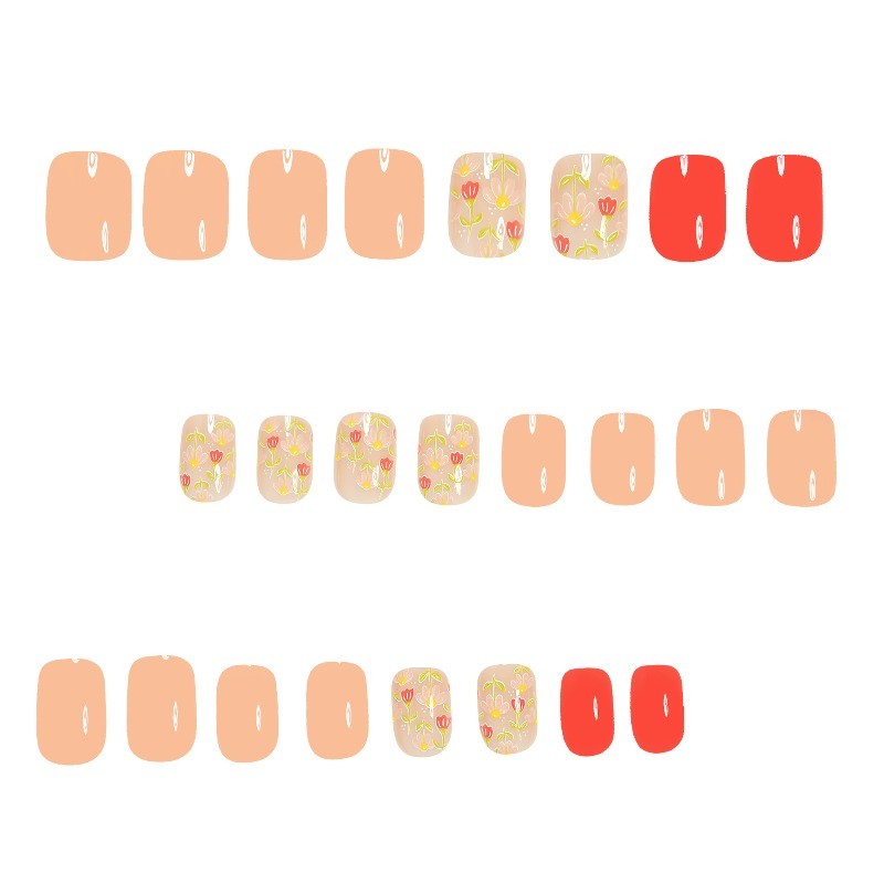 48pcs-Short Oval Press on Nails, Nude Pink with Hand-Painted Flower False Nails