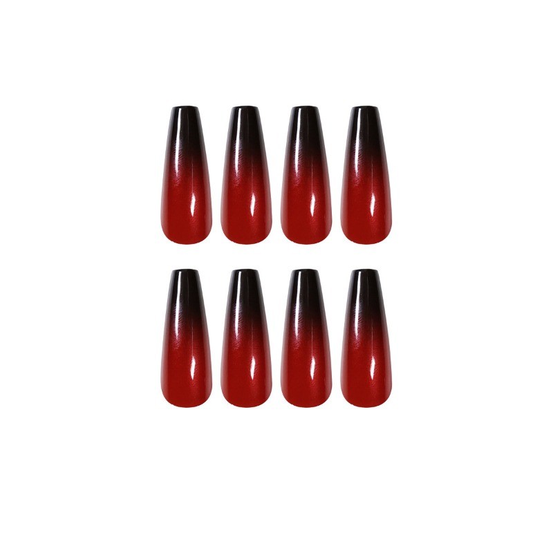 48Pcs-Glossy Red Black Gradient Press on Nails Glossy Long Coffin Nail Art Set
