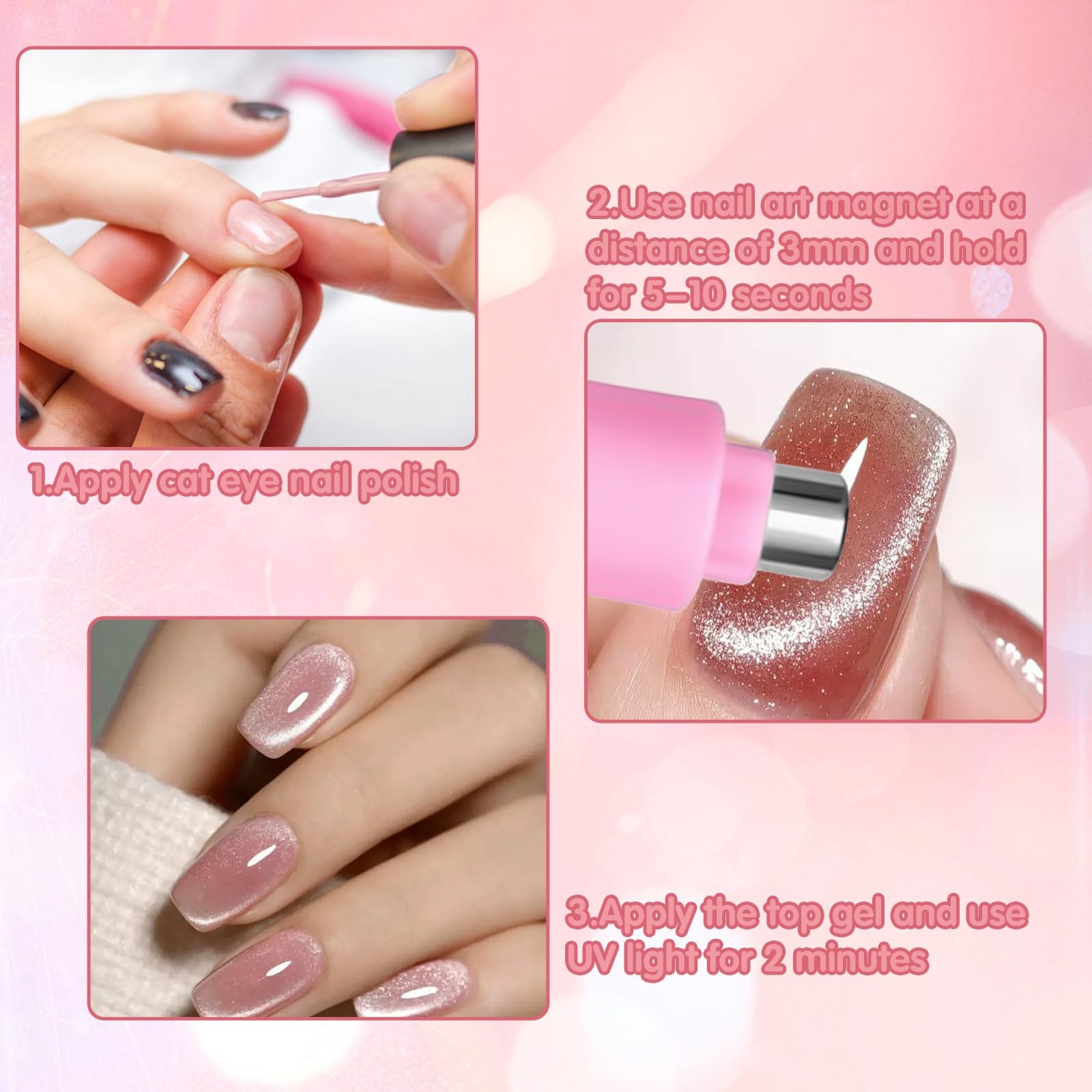 3 in 1 Cat Eye Nail Magnet, Versatile Magnet Tool for Small, Pink