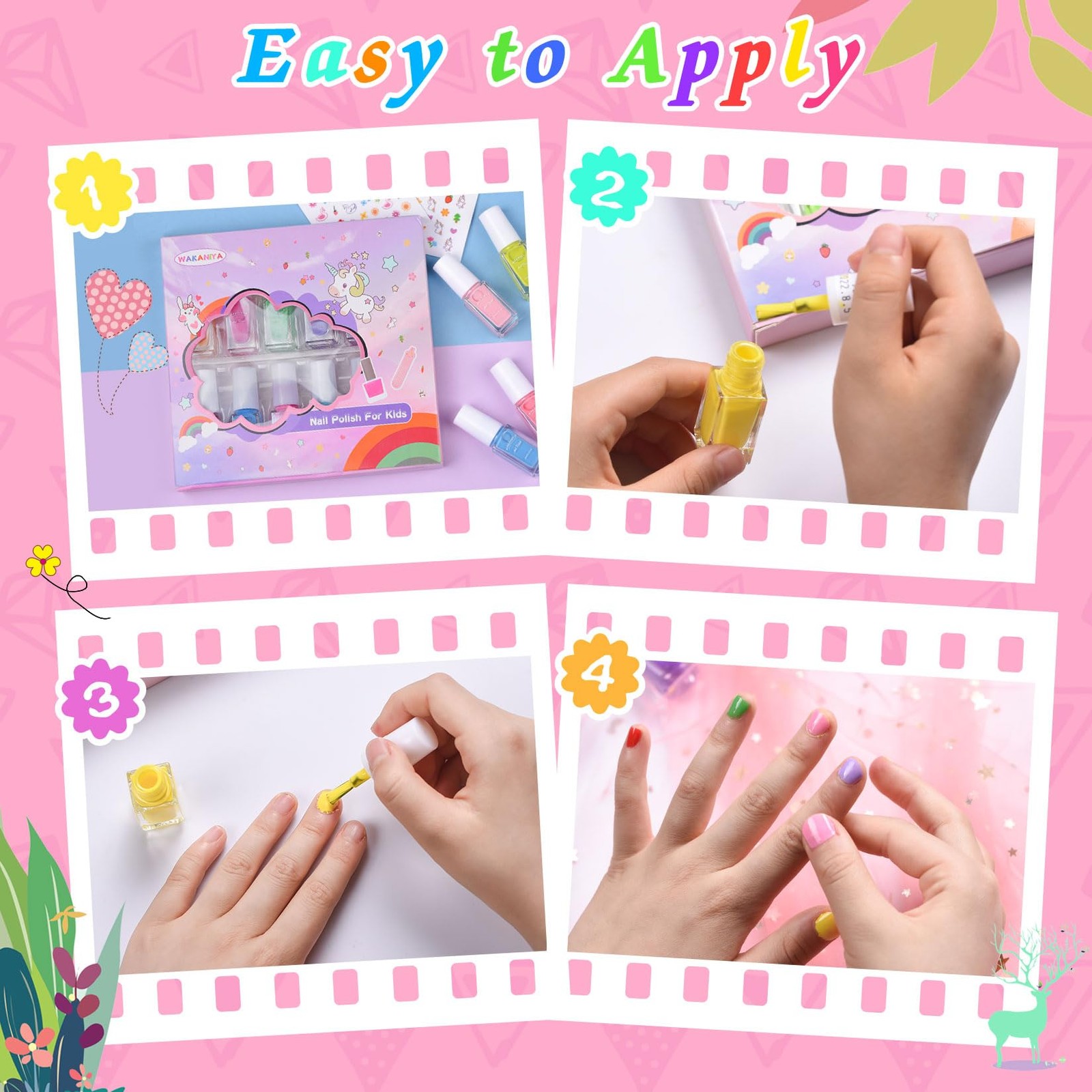 wakaniya Kids Nail Polish Set for Girls – 12 Candy Colors Safe Toddler Nail Kit
