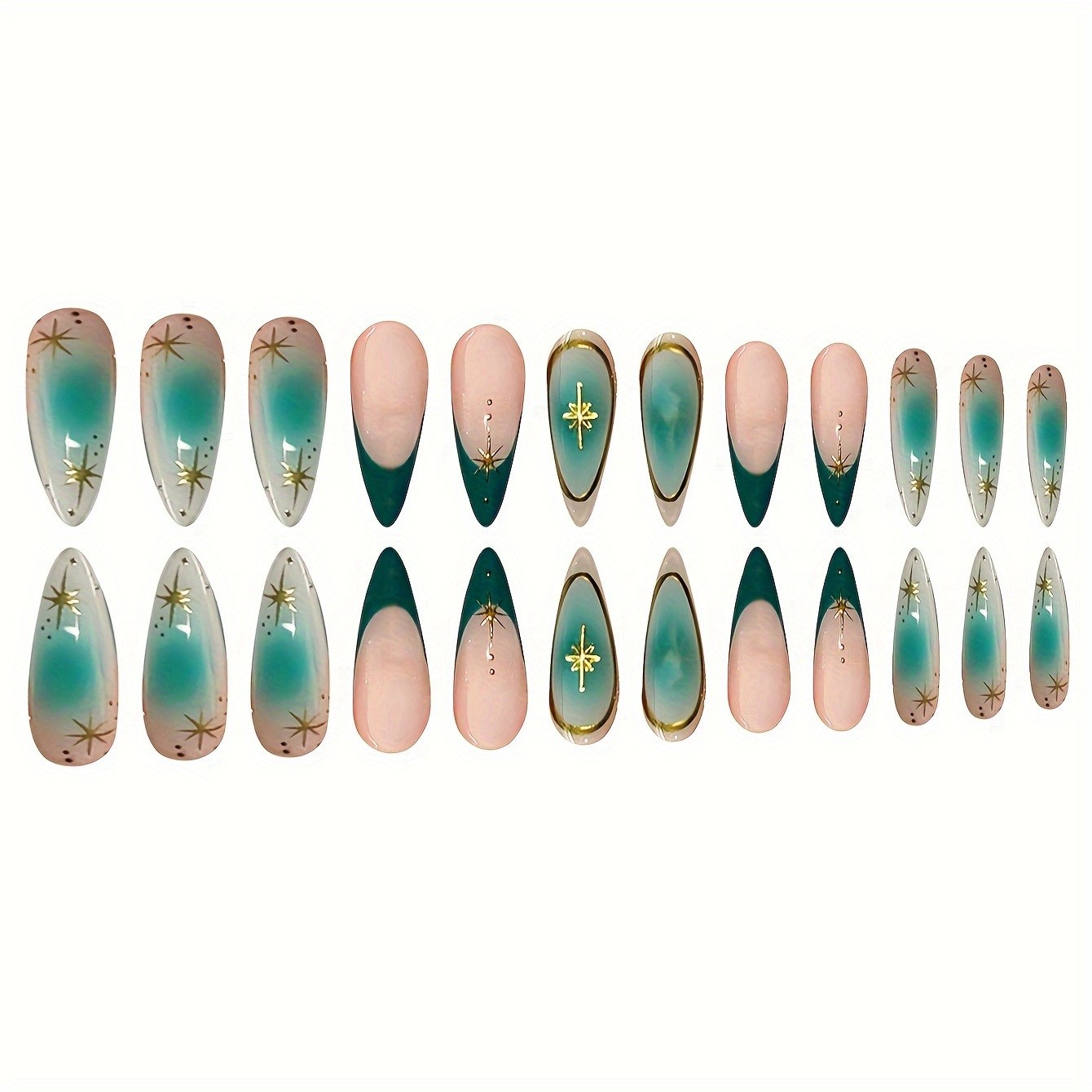 24pcs Gradient Green Starlight False Nail Almond Short Glitter Press On Nails