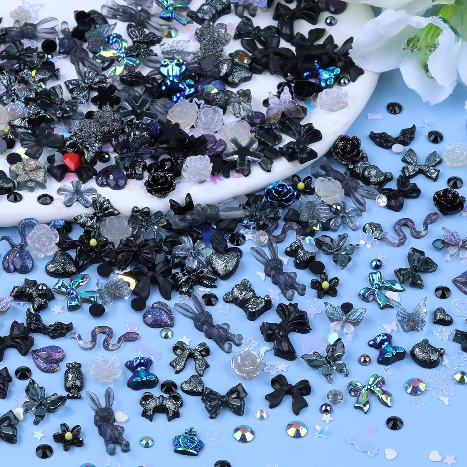 100 Pieces 3D Resin Butterfly Bear Nail Charms Rose Flower Peach Skirt Bow Deer
