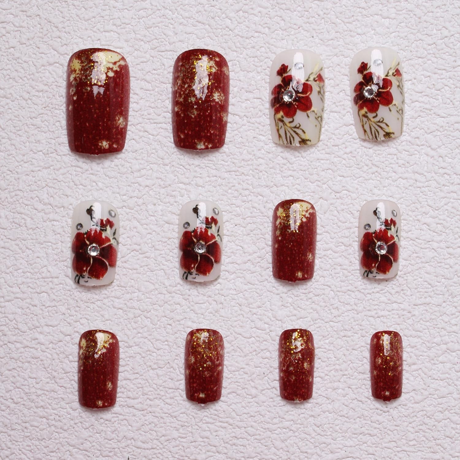 Red Flowers Press on Nails Medium Square Fake Nail with Rhinestones Gold Foil…