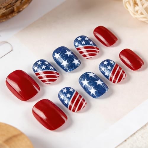 4th of July Press on Nails Short Square – Red White Blue Patriotic Fake Style14