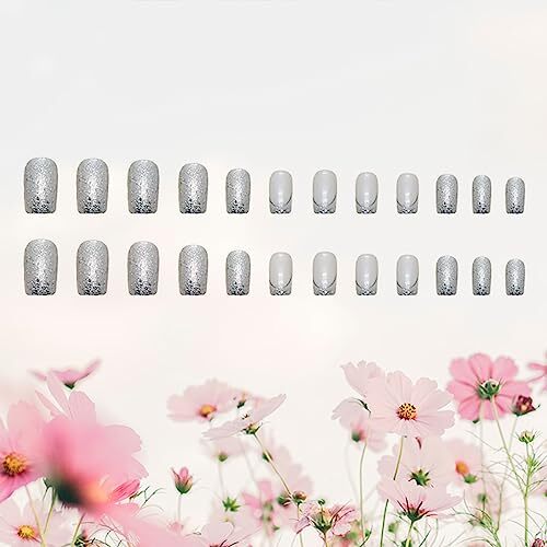 24 Pcs French Tip Press on Nails Medium Square False Nails Silver Glitter2