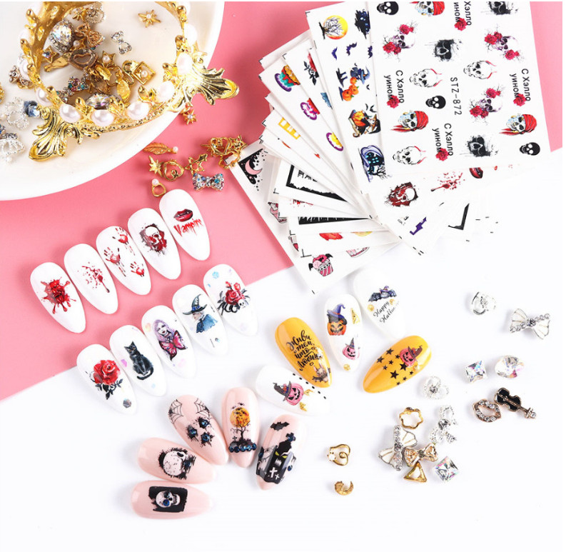 Nail Art Stickers Water Decal Transfer Halloween Cat Cobweb Pumpkin Skull NH15