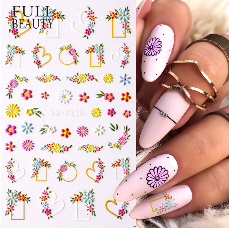 5D Embossed French Colorful Flower Love Daisy Fingers Toe Nail Art Stickers NS13