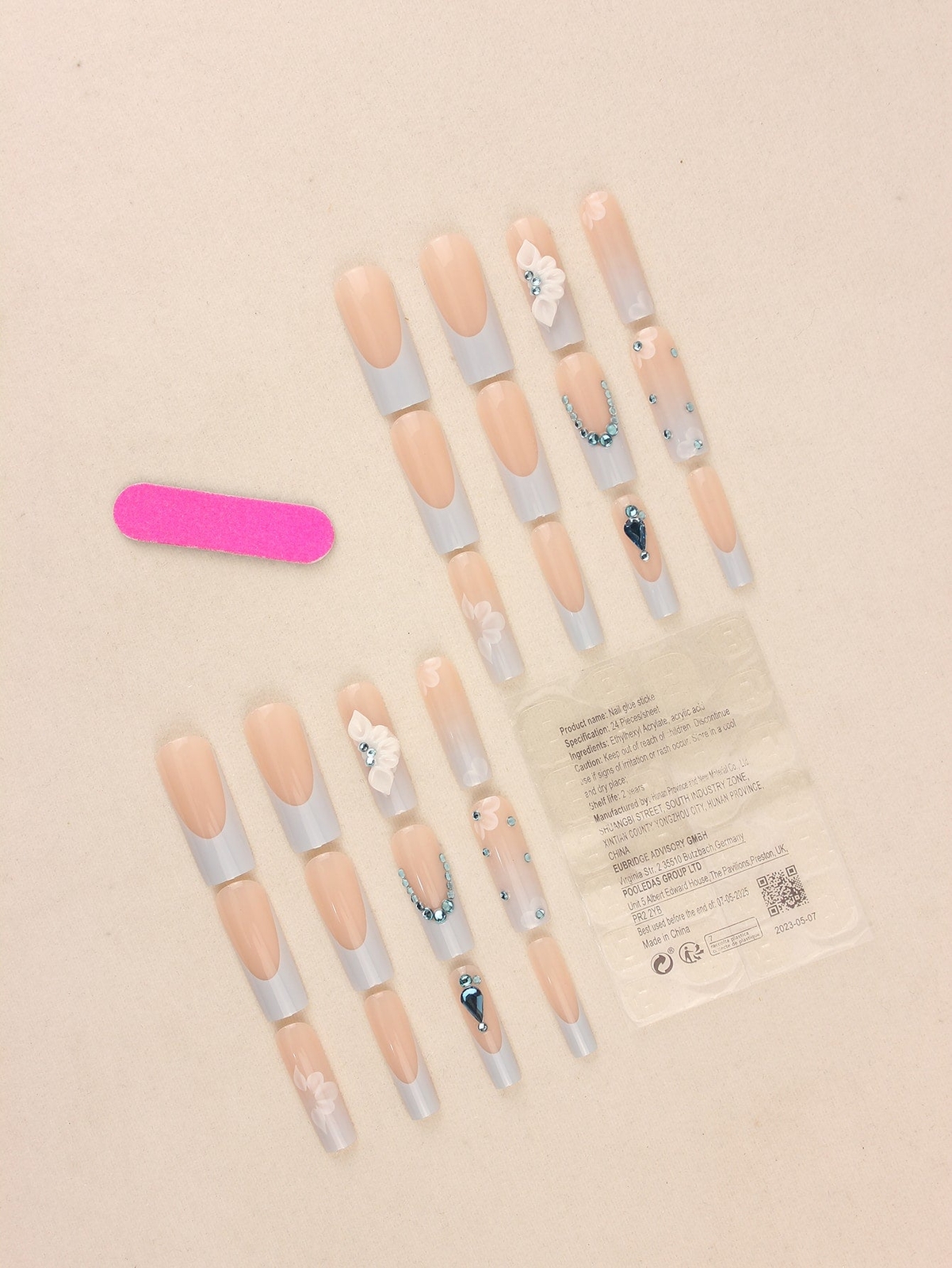 24pcs/set Long Coffin Light Blue French Manicure Fake Nails With Rhinestone