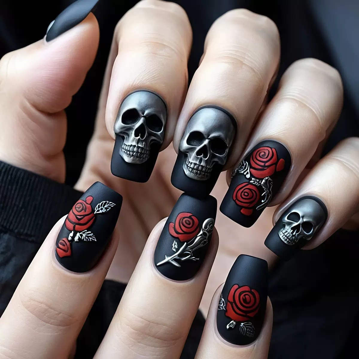 24pcs Rose Skeleton Press-On Nails | Reusable with Tools | Halloween