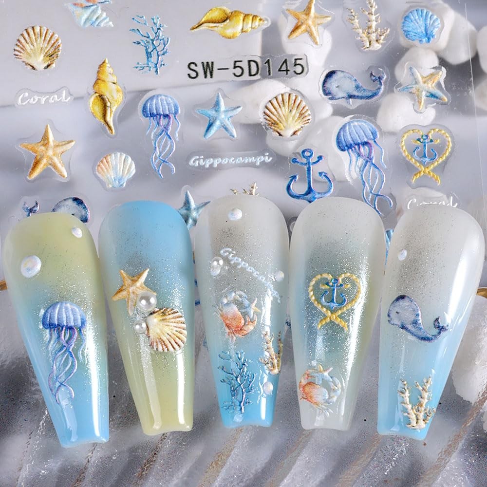 5D Embossed Ocean Nail Stickers – Summer Decals With Shell, Colorful