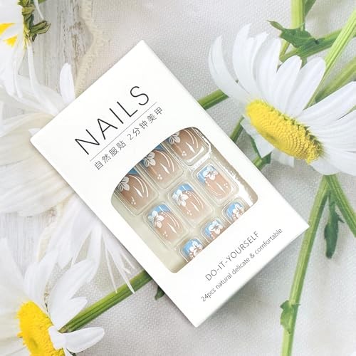 Press on Square Nails – Short Length Glossy – Full Blue & White Floral
