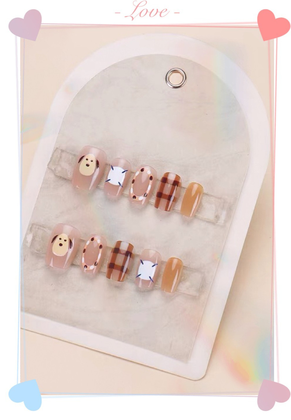 10pcs Cute Beige Press-On Nails with Dog Face & Plaid Design – Medium Square