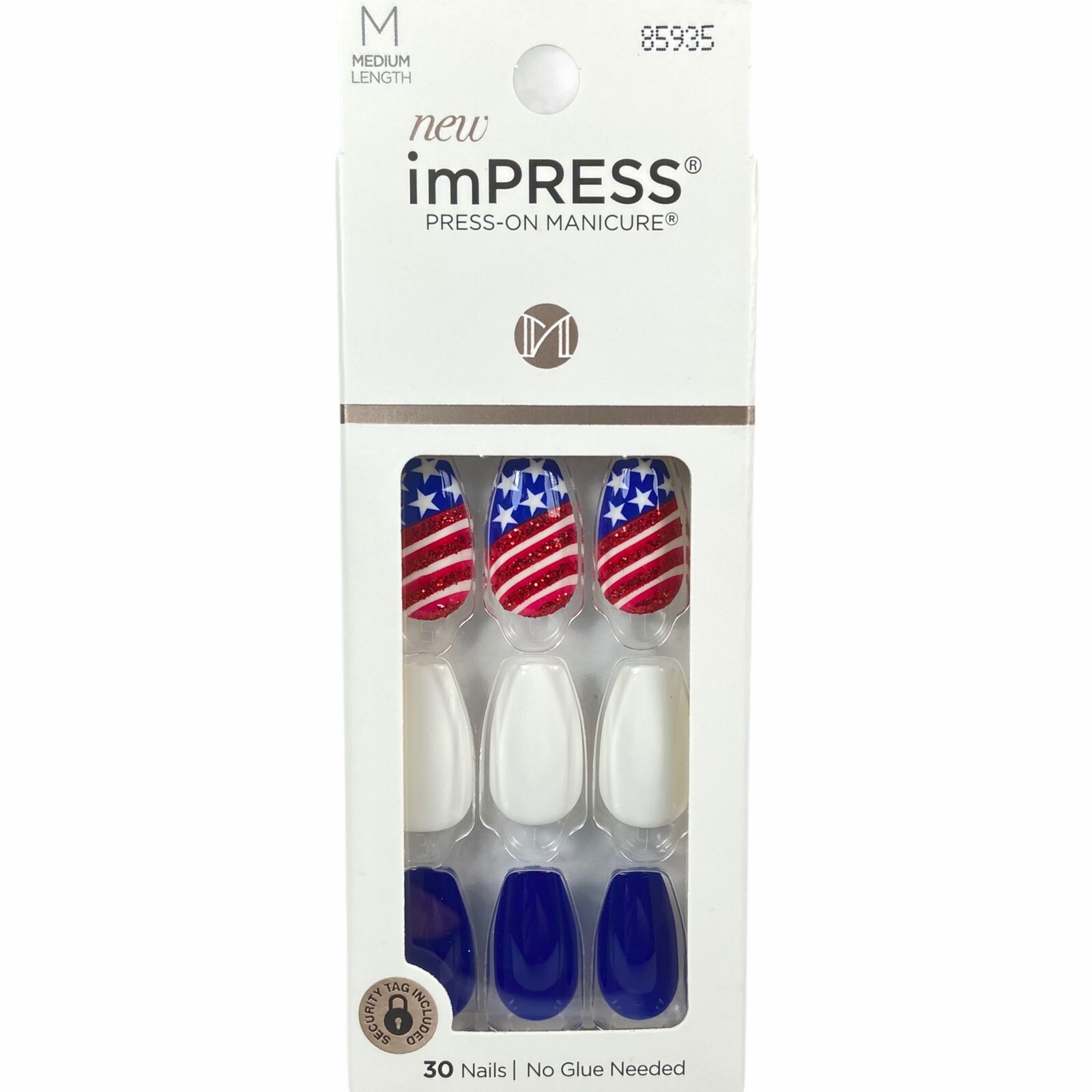 NEW Kiss Nails Impress Press On Manicure Medium Gel Coffin Red White Blue Flag